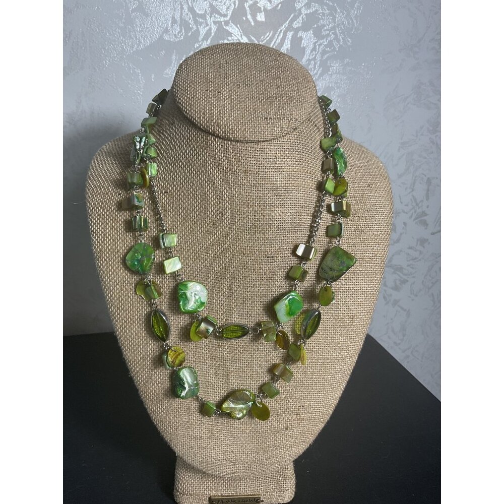 Green & Silver Stone Sea Shell Bead Necklace With Adjustable Chain